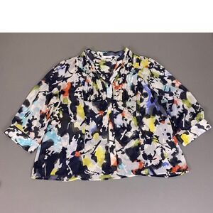 CJ Banks Blouse‎ Plus Size 1X Abstract Watercolor Chiffon Button Front Pleated